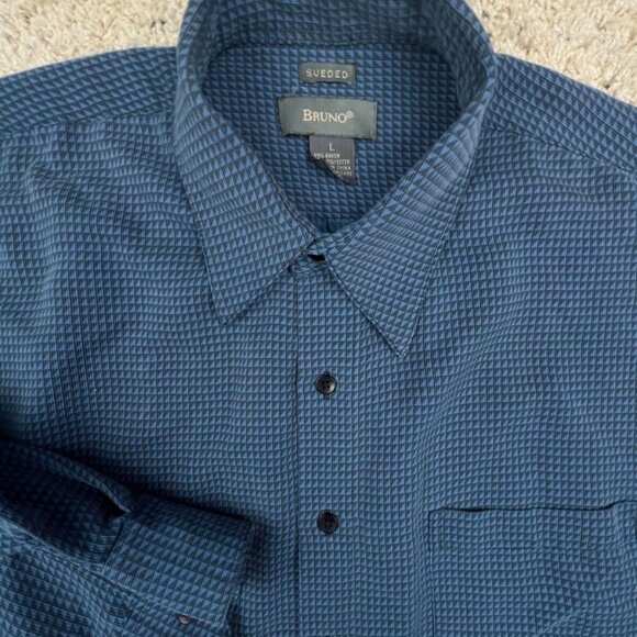 Bruno Sueded Mens Shirt Size Large Blue Geometric Long Sleeve Button Up Rayon - Picture 1 of 11